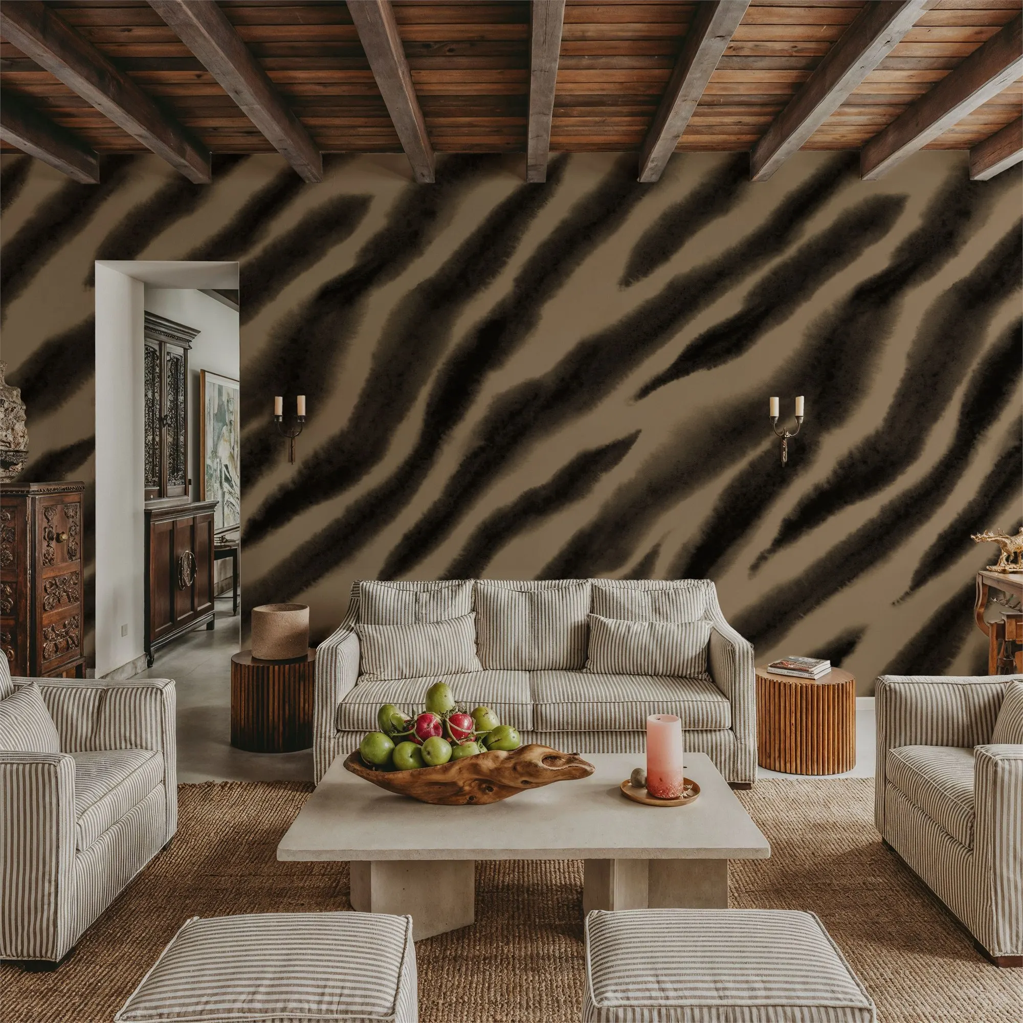 Custom Watercolor Tiger Stripes Mocha Wallpaper for Walls Made to Measure Large Wall Mural
