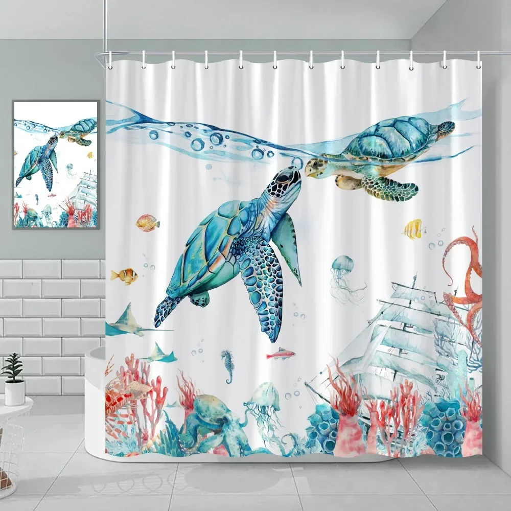 مجموعة ستائر الدش المصنوعة من القماش على شكل سلحفاة البحر الأخضر البحري على الشاطئ، ديكور المحيط الأزرق مع الحلقات والخطافات #5