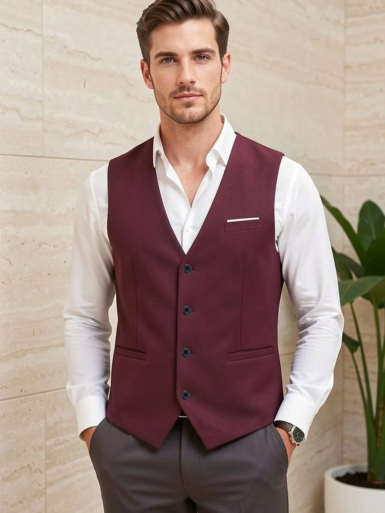 

Men's Modern Fit Suit Vest Single Breasted Solid Office Elegant Party Wedding