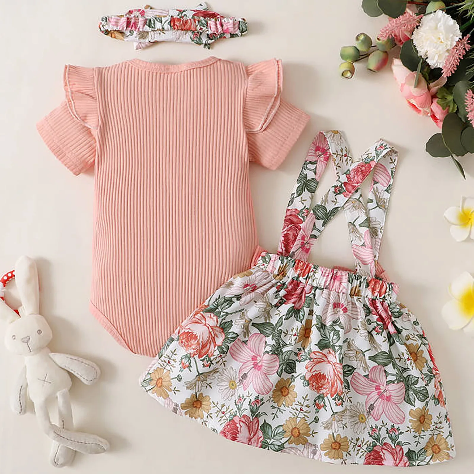 0-18Months Newborn Baby Girl Clothes Baby Flower Romper Dress Short Sleeves Bodysuit+Headband Infant Girl 2Pcs Cute Baby Costume