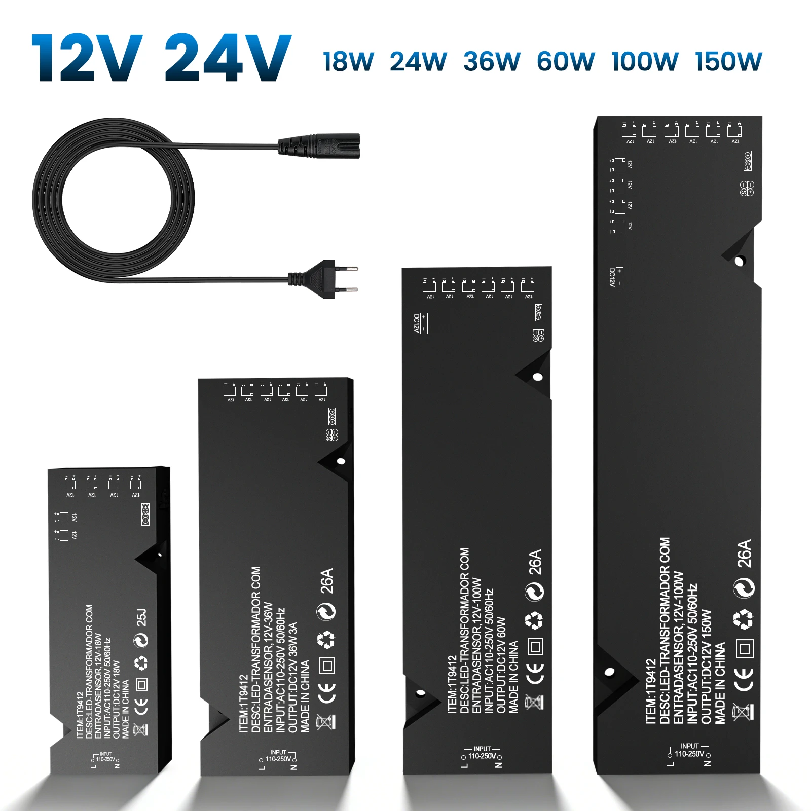LED-Schrankbeleuchtungs-Netzteil AC110-250V zu DC 12V 24V Beleuchtungstransformator 18W 24W 36W 60W 100W 150W mit EU-Stromkabel