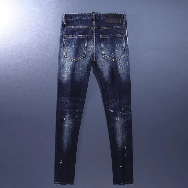 Fashionable men's dark blue jeans, washed with nostalgia, stretch, slim fit, painted jeans, designer high street hip-hop brand p