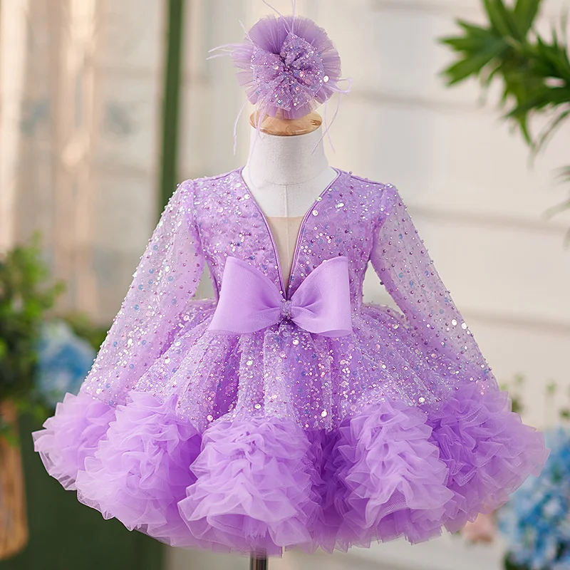 Funkelnde süße lila Pailletten Tüll Blumen mädchen Kleid für Hochzeit Langarm Festzug Kleid Kinder formelle Kleidung