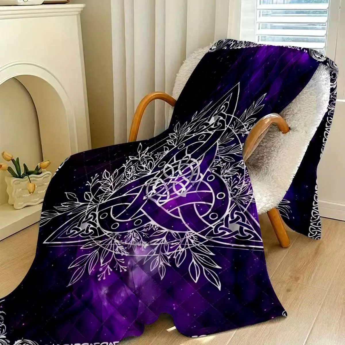 Nordic Celtic Triquetra Knot Flannel Blanket, Vintage Ivy Floral Magic Starry Purple Cover, Soft Skin-Friendly Warm All-Season U