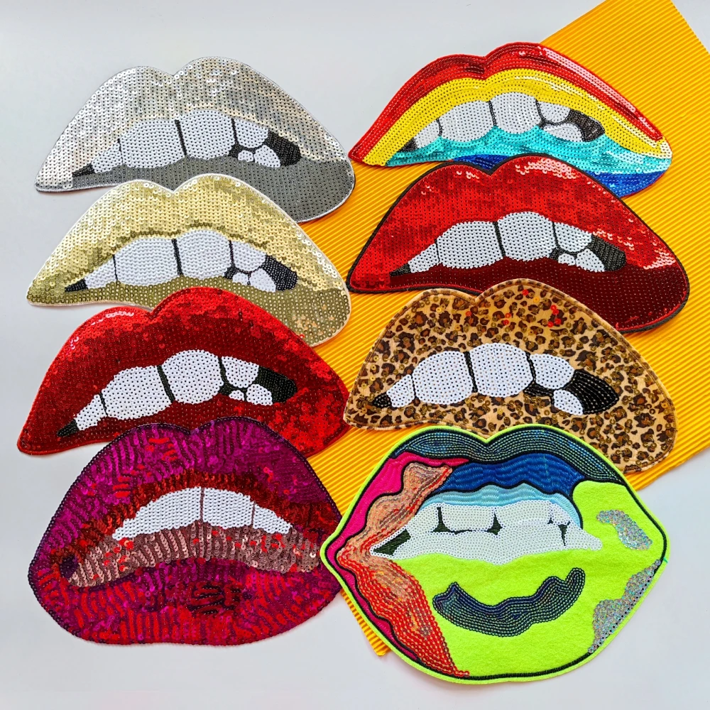 Embroidery Big Sequined Mouth Patch,embroidered Leopard Lips Appliques Badges,sequins Patches for Clothing PW227283