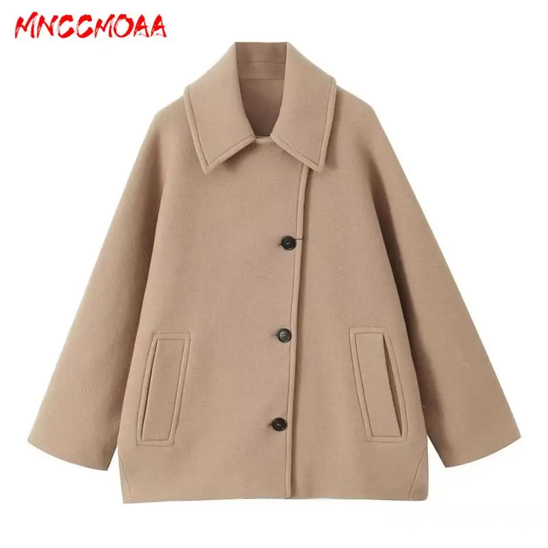 MNCCMOAA-Women's Single Breasted Loose Woolen Coat, Long Sleeve Jackets, Pocket Button, Female Outwear, Autumn, Winter 2024