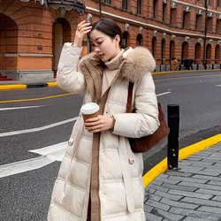 2024 Winter New Women Jacket White Duck Down Hooded Thickened Long Down Jacket Fashion Fox Big Fur Collar Waist Thin Outerwears