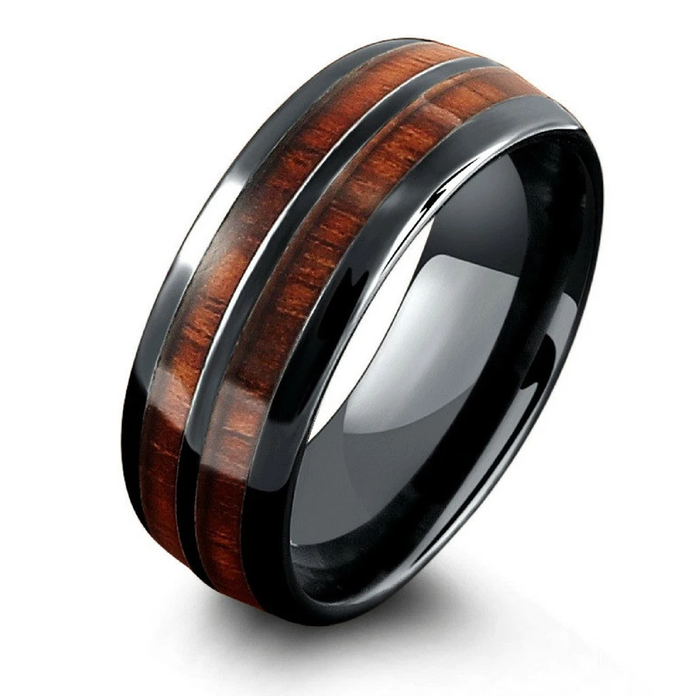 Luxury Men 8mm Koa Wood Inlay Titanium Wedding Ring For Men Women Dome Polished Stainless Steel Engagement Ring Men Wedding Band