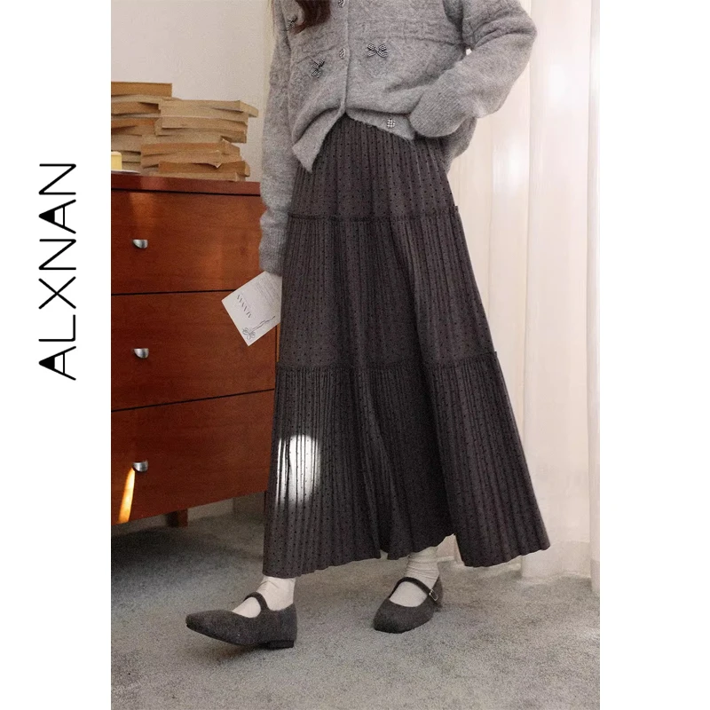 ALXNAN Gray Polka Dot Long Skirt Women Vintage Elegant Pleated A-line High Waist Skirts 2026 Fashion Casual Skirt Female L60535