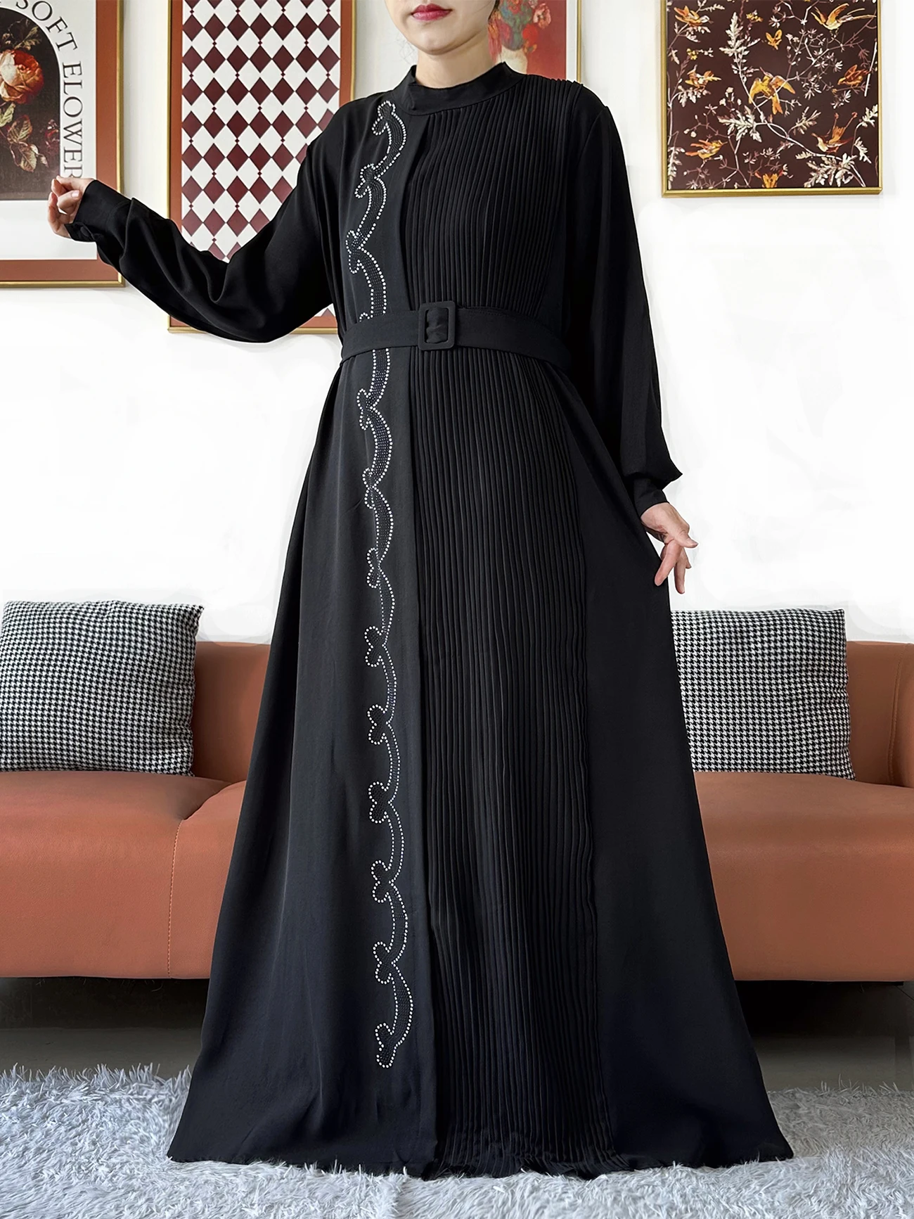 2026 Women Elegant Abaya Long Sleeve Chiffon Pleated Loose Dress Muslim Women Dress Islamic Clothing Cardigan Abaya Robe Dubai view 2