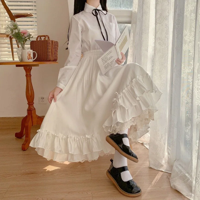 Female College Style Super Fairy Double-layer Retro French Ruffle A-line Skirt Korean Style Black White Half Skirt Long Skirts
