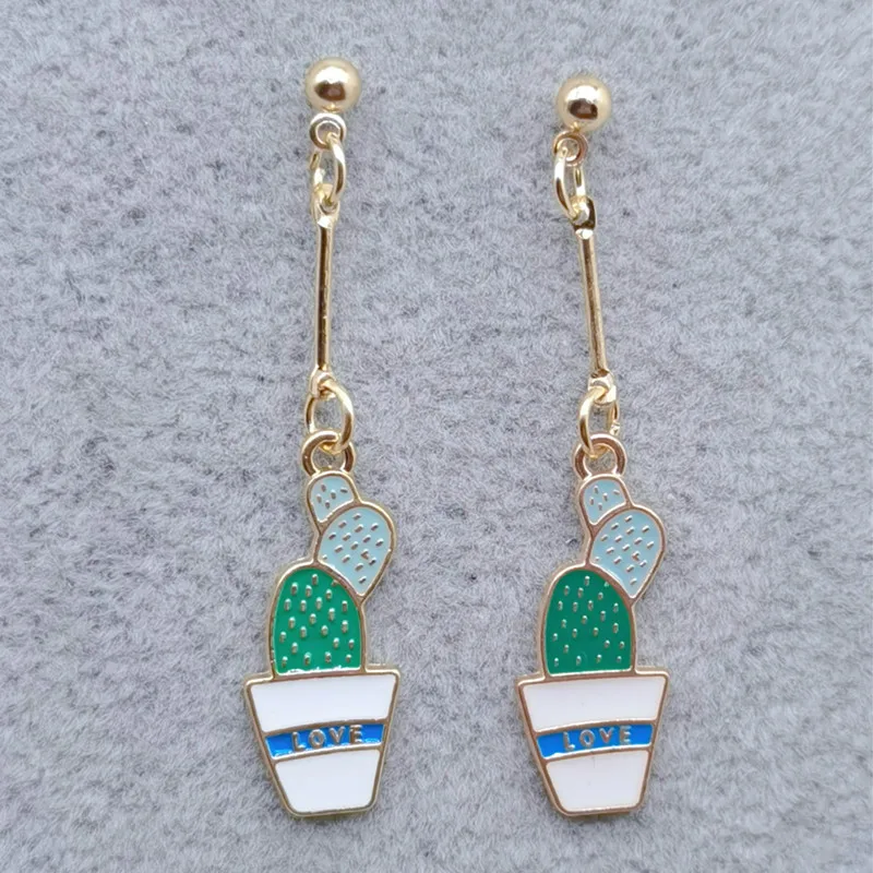 Green cactus enamel pendant earrings Creative retro simple alloy plant enamel earrings Women's earrings Jewelry gifts