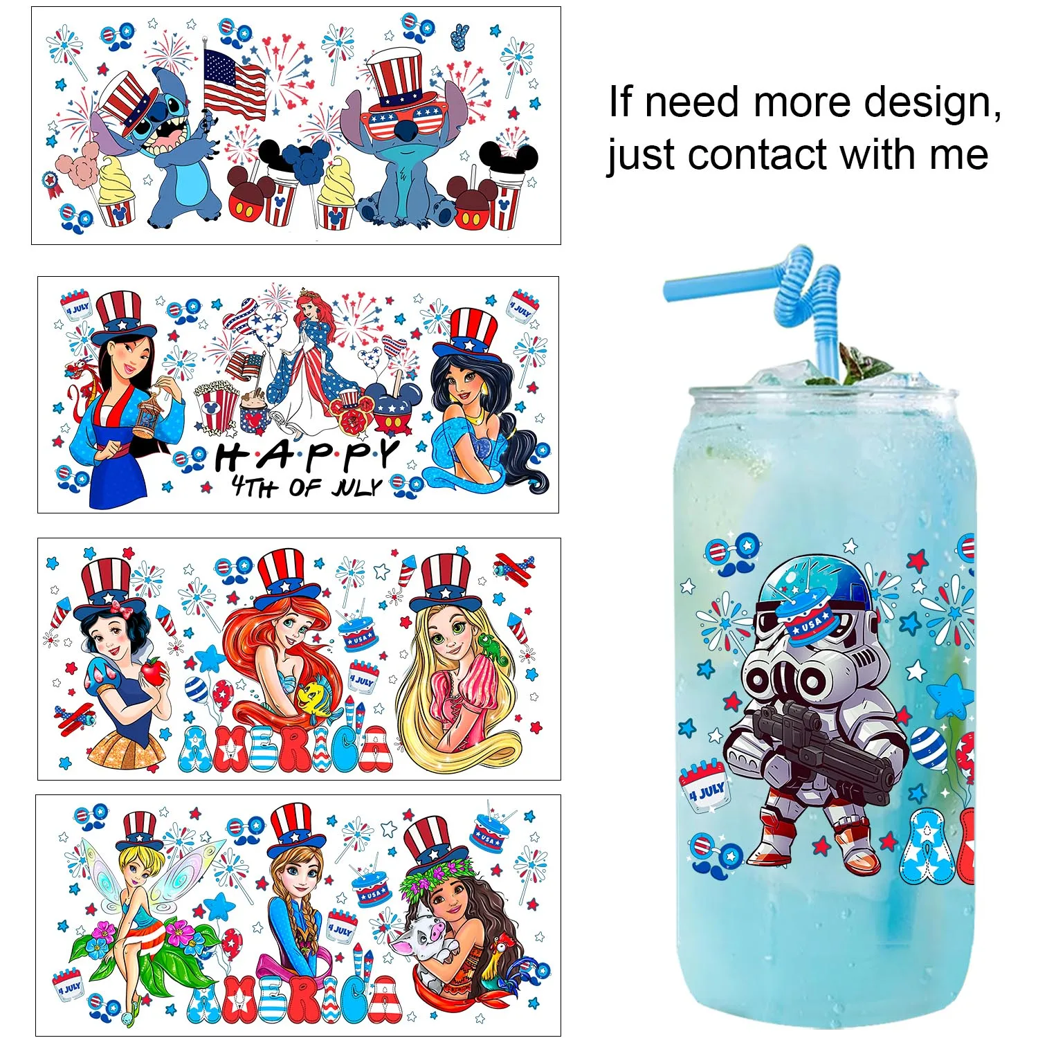 

Celebrate USA July 4th cartoon Series easy peel waterproof DIY Decals 3D transfers uvdtf stickers 16oz uv dtf cup wraps