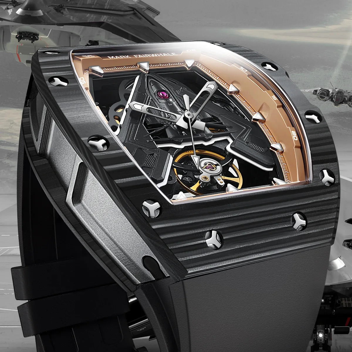 Mark Fairwhale Automatic Movement Tourbillon Watch Carbon Fiber Bezel Tonneau Luminous Case Rubber Strap Mechanical Watches Mens