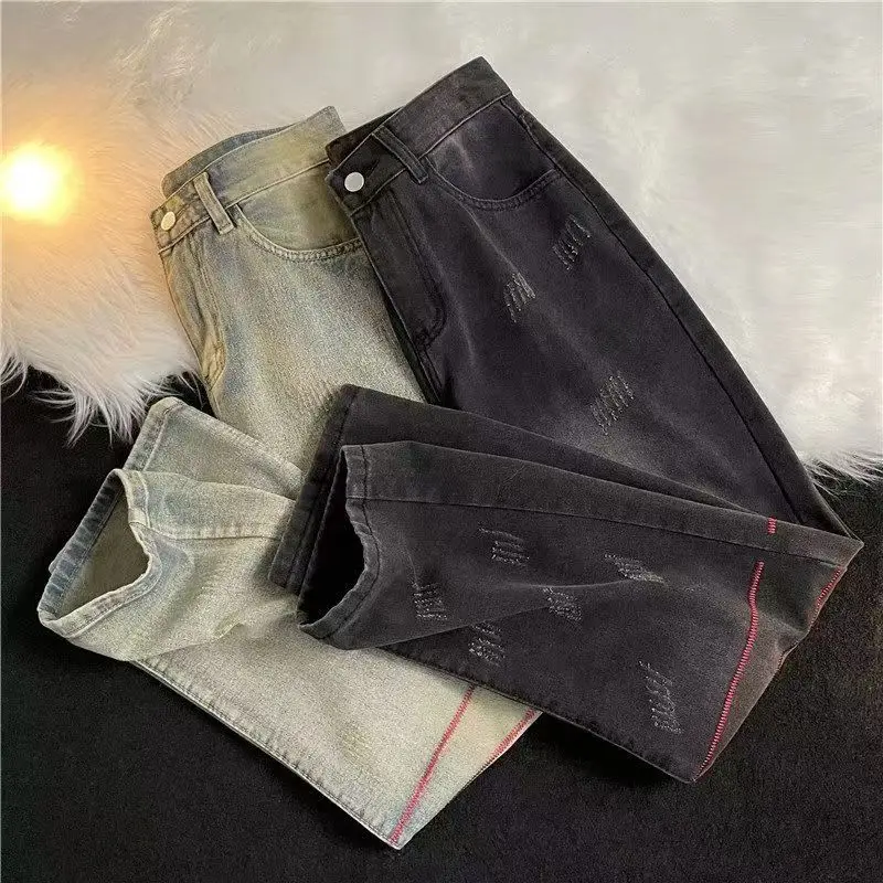 Straight-leg jeans for men and women American high-street design niche autumn and winter high-waist slim floor-length trousers