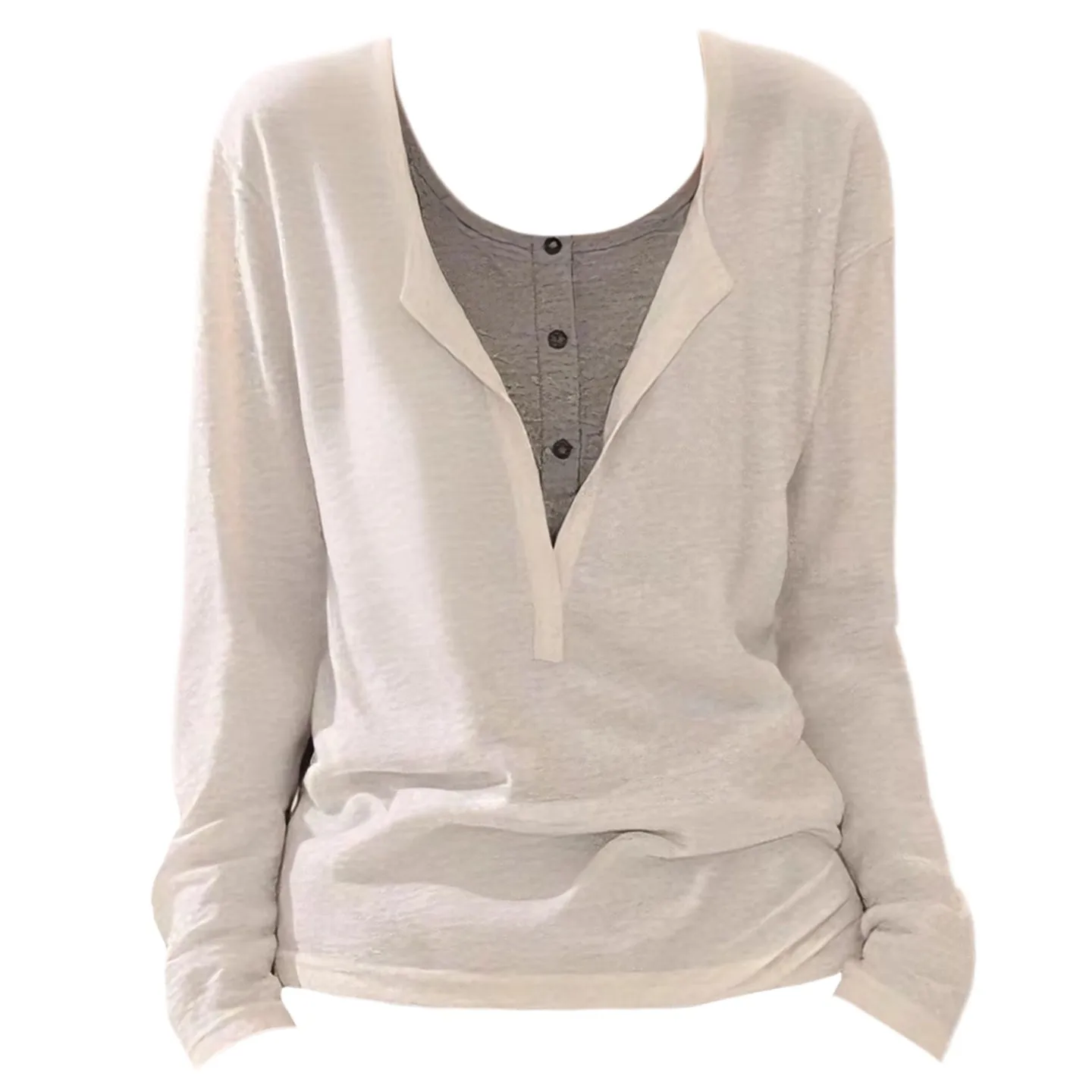 المرأة طويلة الأكمام تي شيرت 2025 الخريف جديد اللون حجب وهمية قطعتين المألوف خفيفة الوزن البلوز القمم #1