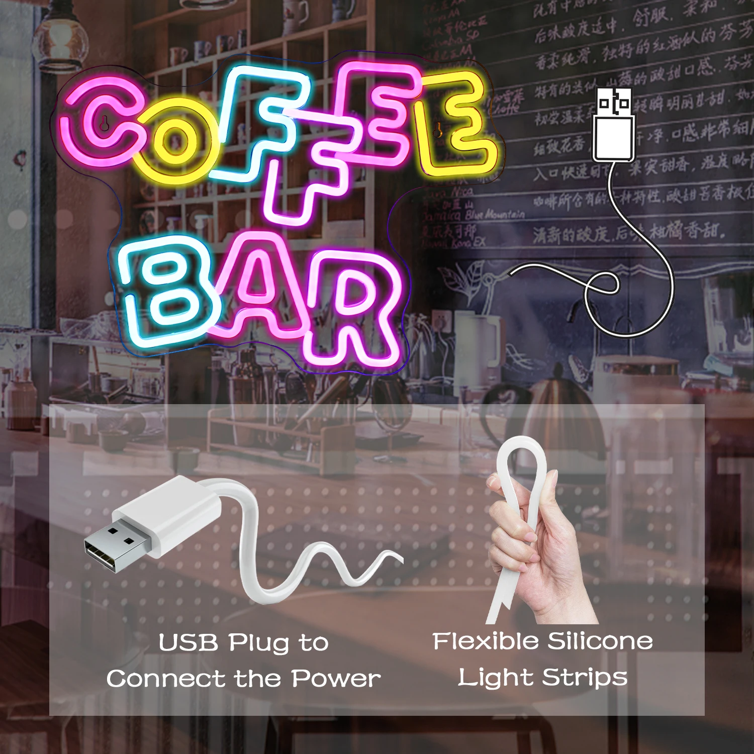 LEDネオンバーコーヒーサイン,カラフルな文字,家,バー,パーティー,部屋の装飾,吊り下げ装飾,USBアート,壁の装飾アクセサリー