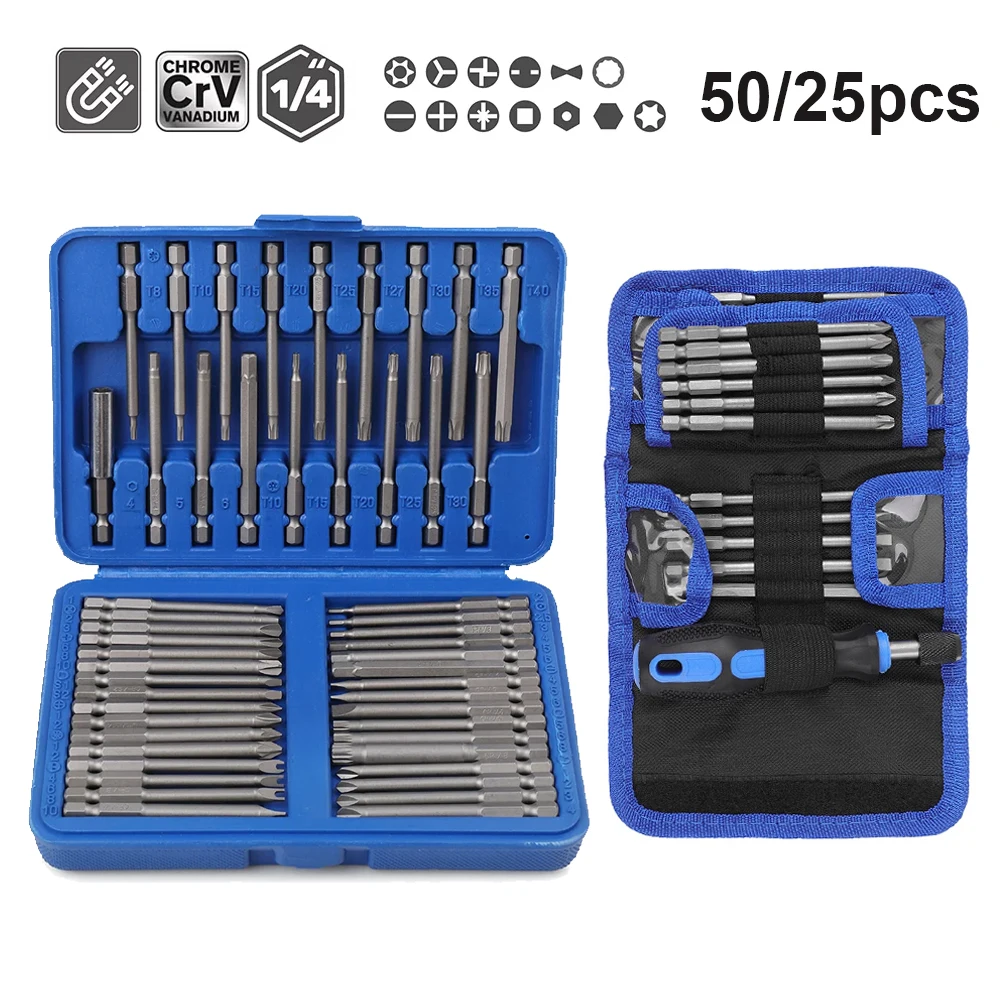 

25/50 шт., набор удлиненных магнитных отверток, набор бит с защитной головкой 1/4, набор бит для отверток Torx Star, набор шестигранных шлицевых бит
