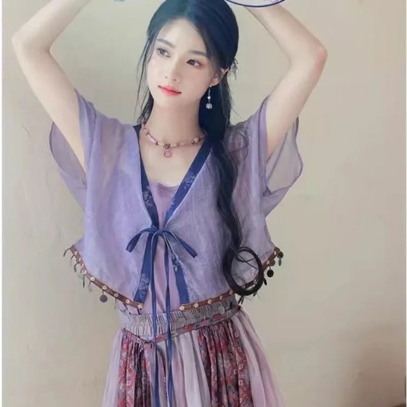 

Chinese Style Women's Hanfu New Purple Retro Gentle Improvement Han Elements Chinese Style Top Half Skirt Summer Set