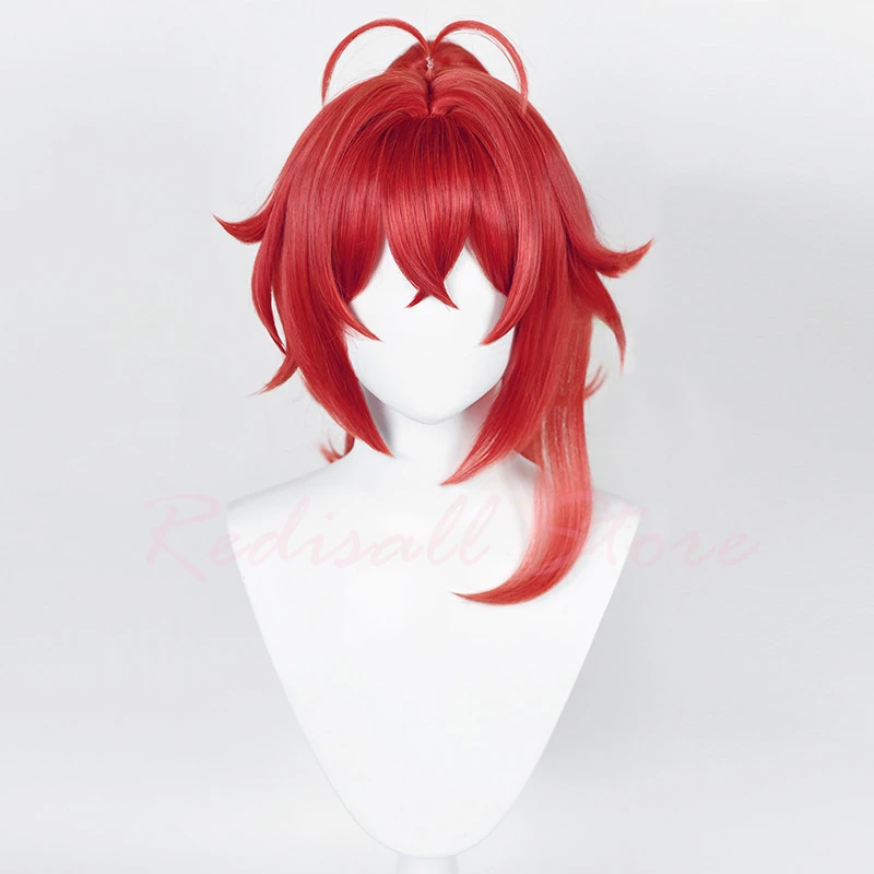 Comic Diluc Wig Cosplay Long Curly High Pigtail Red Heat Resistant Adult Men Women Halloween Role Play