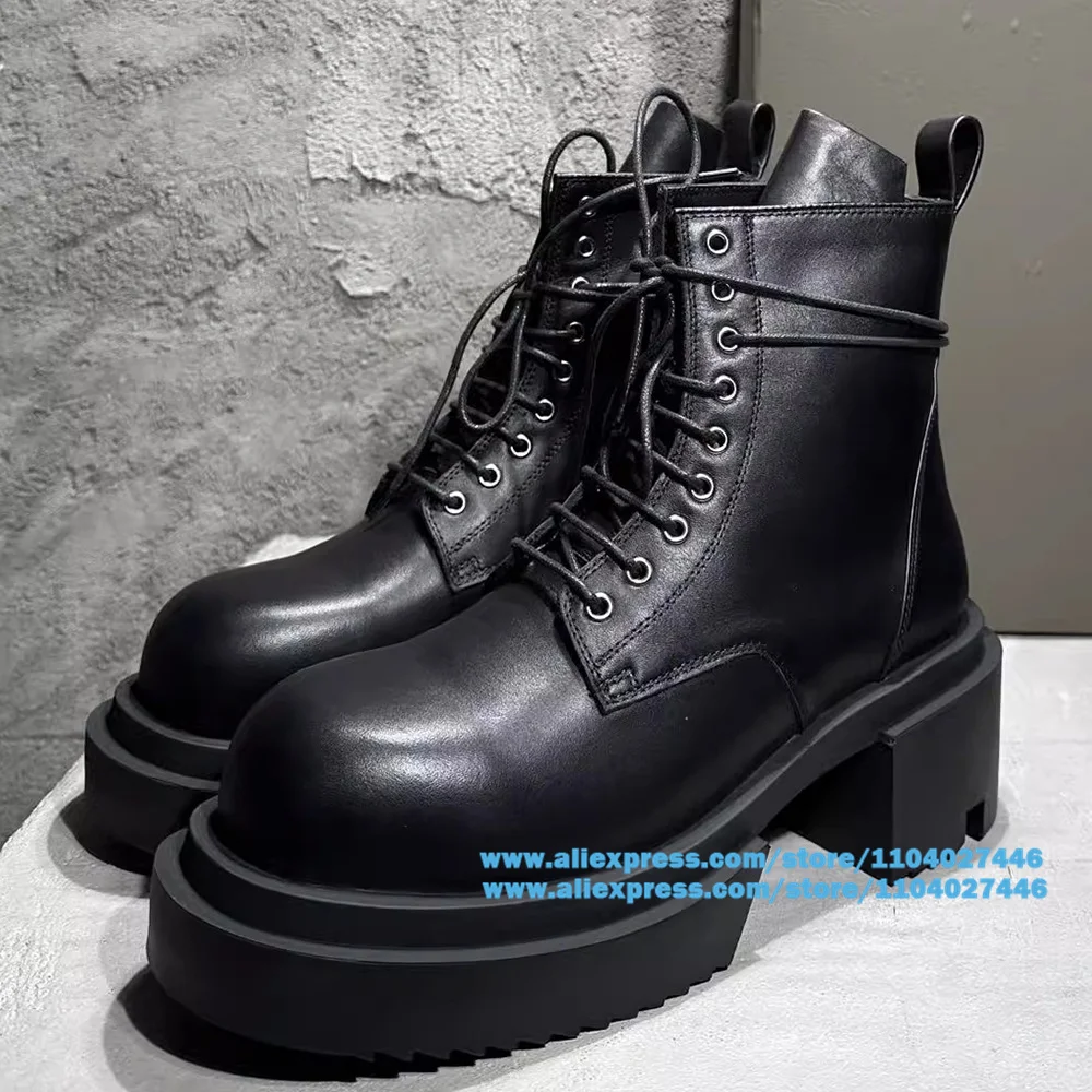 

Thick-Soled Men's Boots Novelty Designer Stylish Black Leather Round Toe Shoes Newest Trendy Luxury Handmade Botas Men Shoes