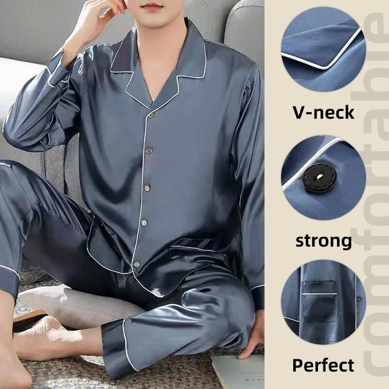 Pijamas de seda de hielo para hombre, ropa de dormir, conjuntos de camisón, negro, azul, L, XXL, 3XL, 4XL, manga larga, pantalones lisos, Color sólido