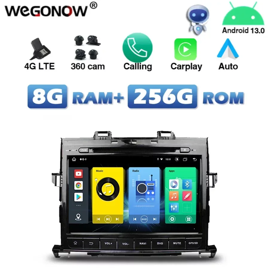 

4G SIM Wireless Carplay Auto Android 13.0 8G+256G IPS Car DVD Player Wifi Bluetooth RDS RADIO GPS For Toyota Alphard 2007-2013