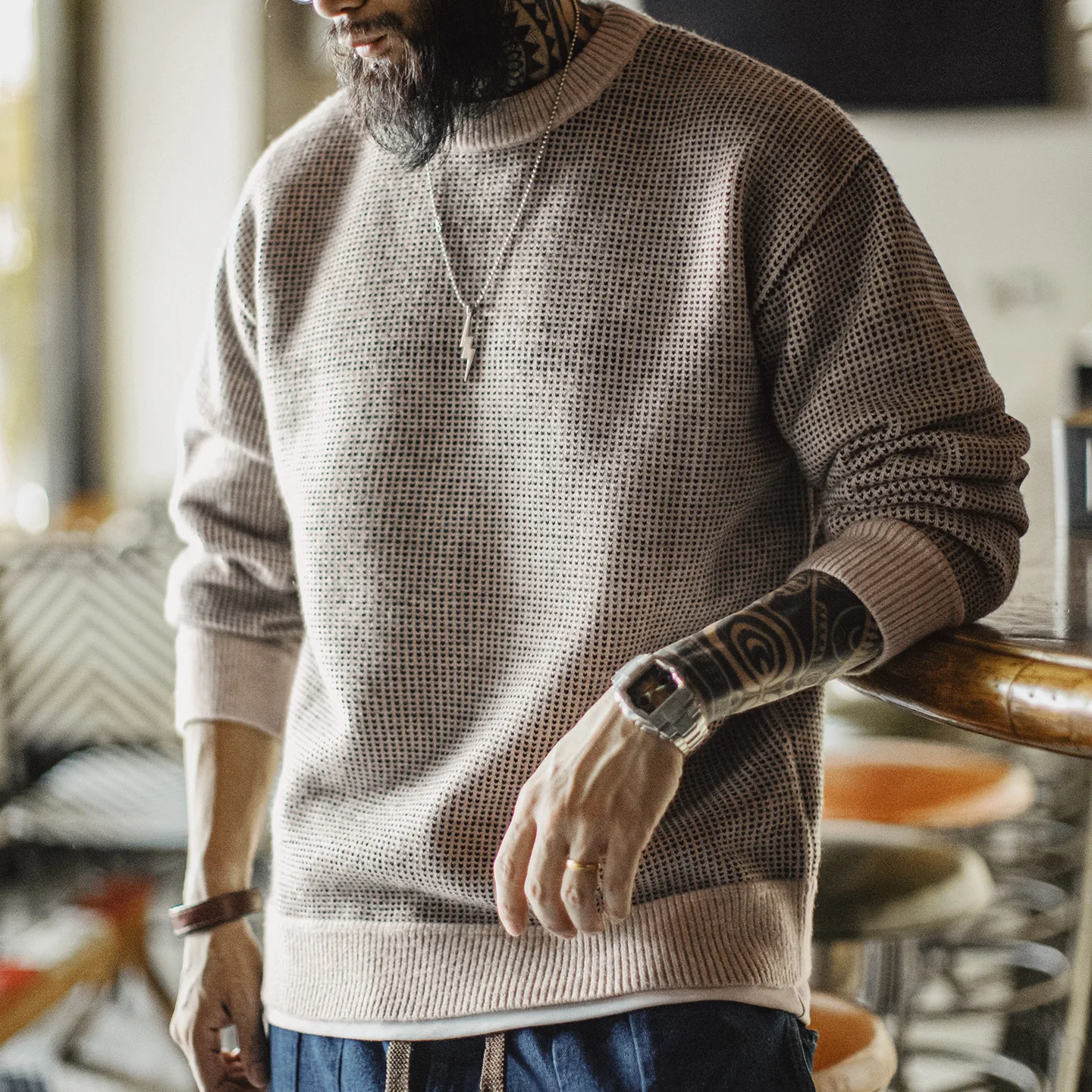 Maden Men's Pullover Knit Sweater Crewneck Regular Fit Beige Black Plaid Spring Casual Knitwear Top For Daily Wear