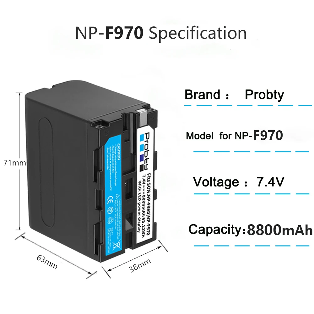 Probty 8800 mAh NP-F970 Akku und 4-Kanal PD60W Schnellladegerät für Sony NP-F550/750/770/970 Akku-Feldmonitor, Videoleuchte