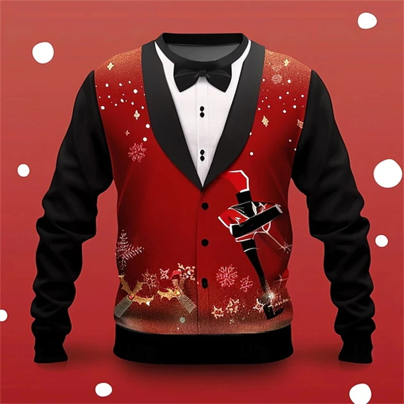 Merry Christmas 3D Fake Suit Graphic Printed Sweatshirt Men O-neck Pullover Sweater Trend Fashion Holiday Party Cosplay Men Tops