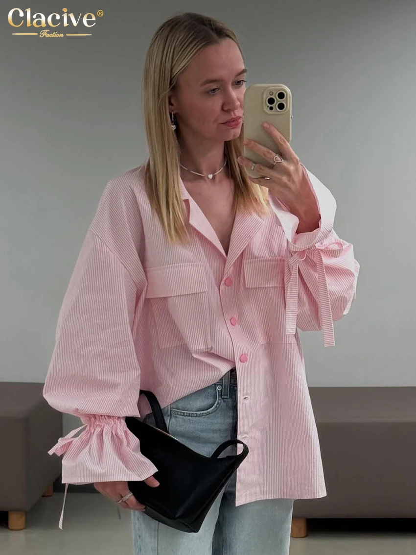 

Clacive Fashion Loose Pink Stripe Women Shirt 2025 Casual Lapel Long Sleeve Blouse Elegant Classic Lace-Up Tops Female Clothing