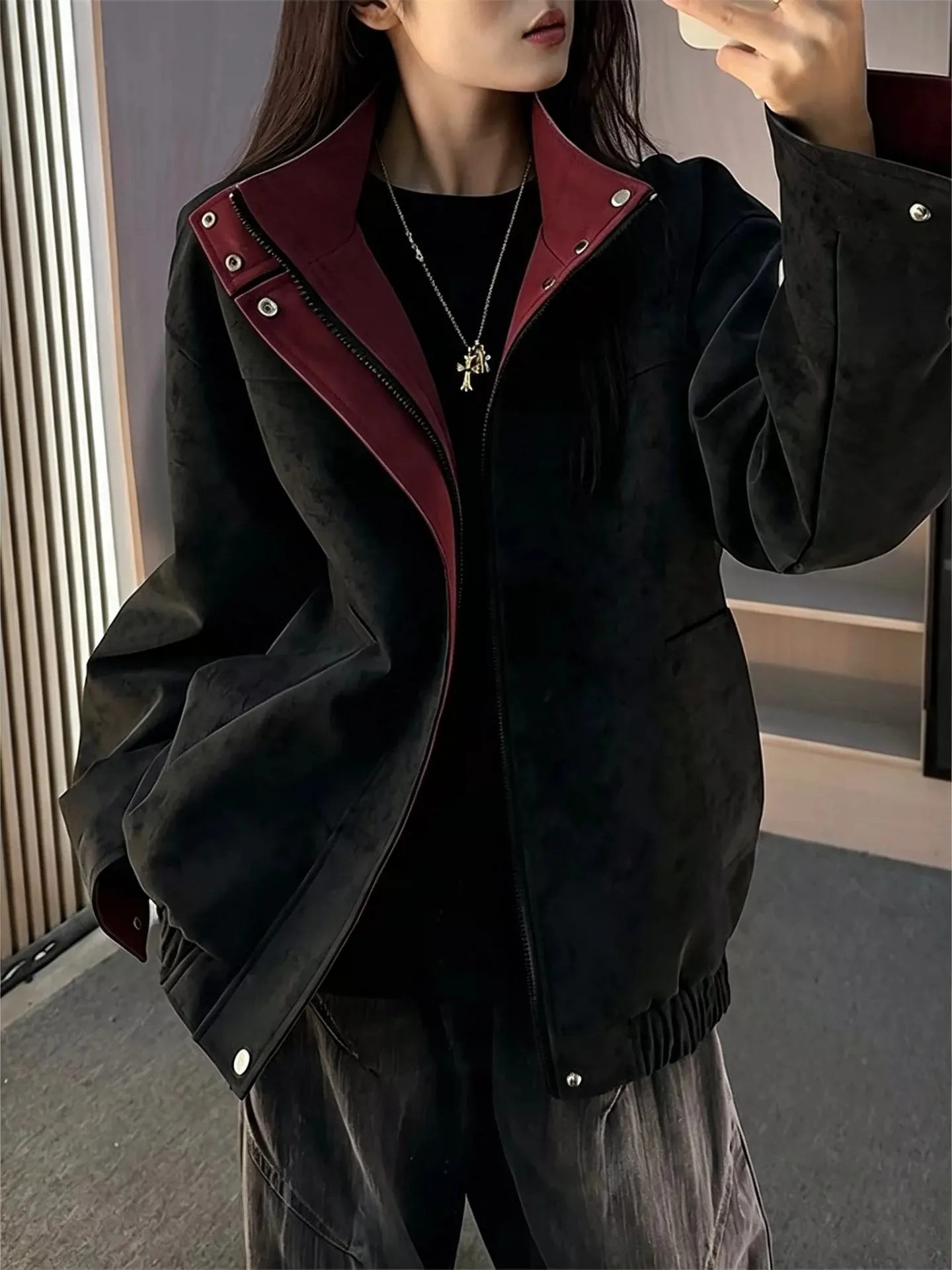 2026 American Vintage Color Block Tie Dye Leather Jacket, Unisex Autumn Design Stand Collar Short Baseball Coat with Set-in Slee