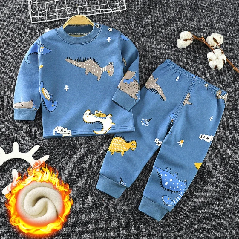 2024 Autumn and Winter Thickened Long-sleeved Girl Clothes Plus Velvet Children Sets Thermal Underwear Suit Boys Cartoon Pajamas