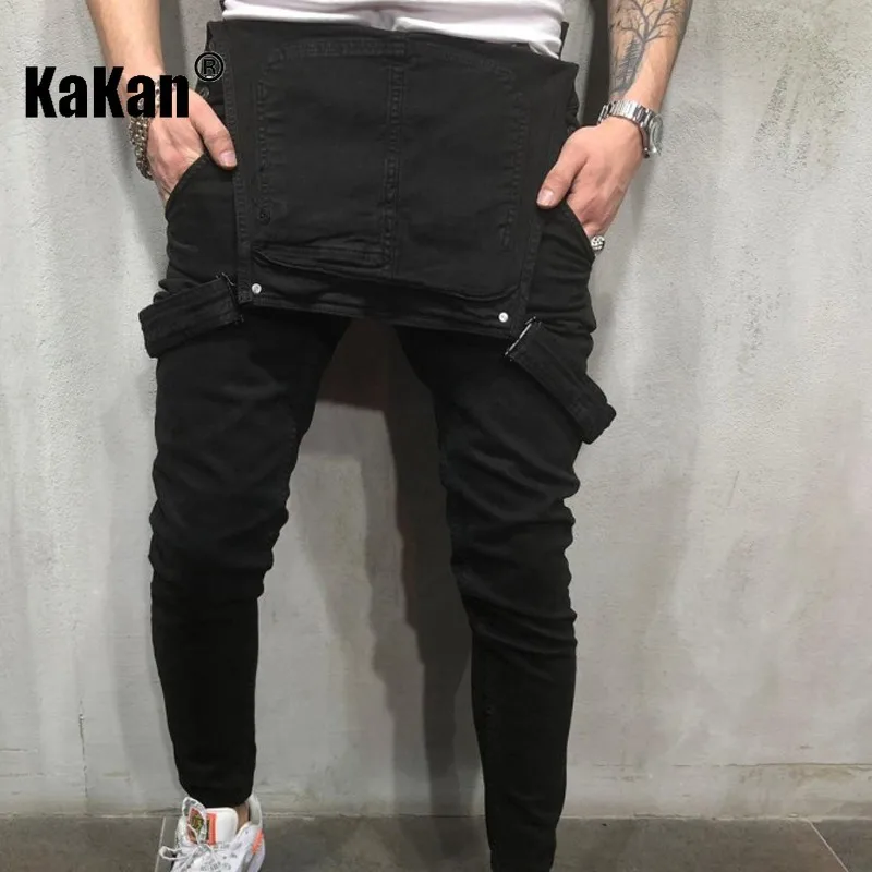 Kakan - European and American New Strap Pants Jeans for Men, Vintage Chest Pocket Black One Piece Work Jeans K34-103