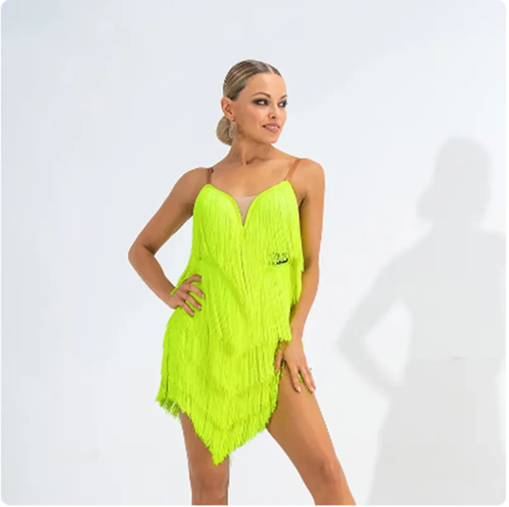 Vestido de baile latino amarillo fluorescente, traje de competición con borlas, ropa de actuación ChaCha, ropa de práctica de Salsa yumba yj099