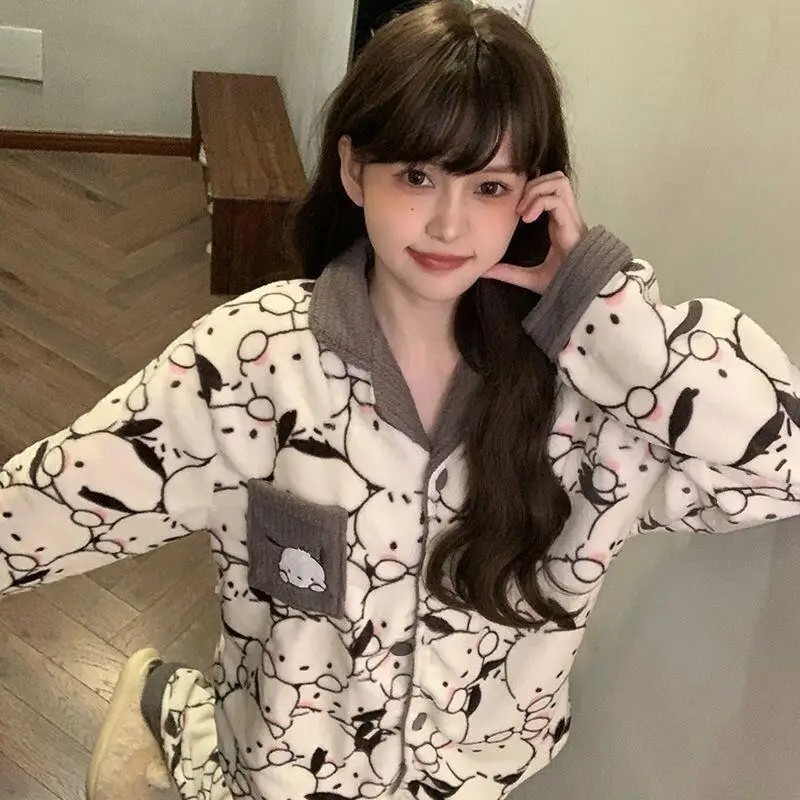 

Женский пижамный комплект Sanrio Hello Kitty, одежда для сна, мягкий коралловый флис, фланель, домашняя одежда для девочек, осень-зима, теплая, милая, плюшевая, толстая