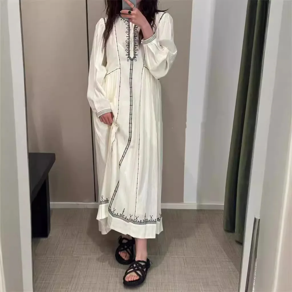 

2025 Isabels Marants Dress Fashion French New Elegant Vintage Embroidery Round Neck Loose Long Sleeve Cotton Long Woman