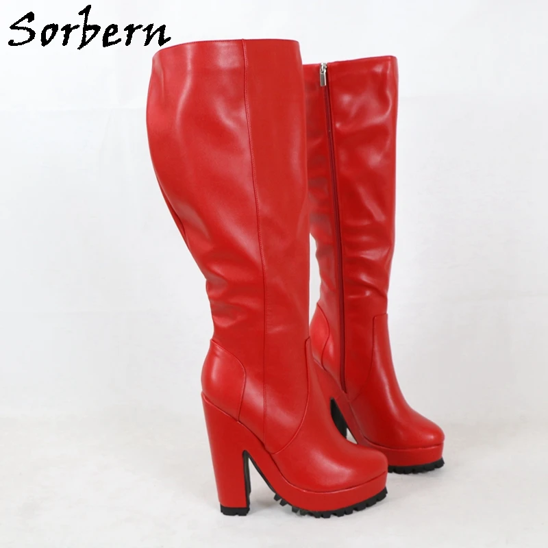 

Sorbern Red Matte Block High Heels Boots Women Knee High Full Zipper Chunky Heeled Platform Round Toe Custom Unisex Style Shoes