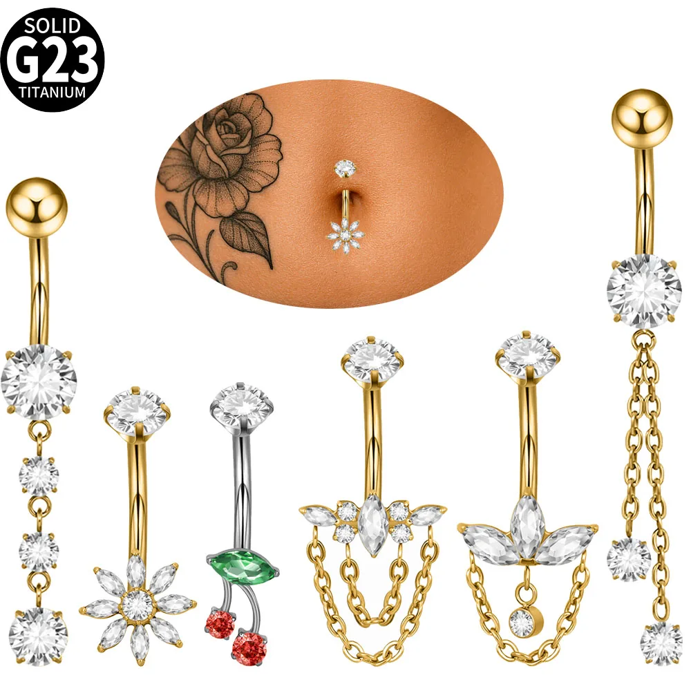1PC G23 Titanium Belly Button Rings Zircon Chain Dangle Navel Piercing Curved Cz Flower Buelly Button Piercing Navel Rings