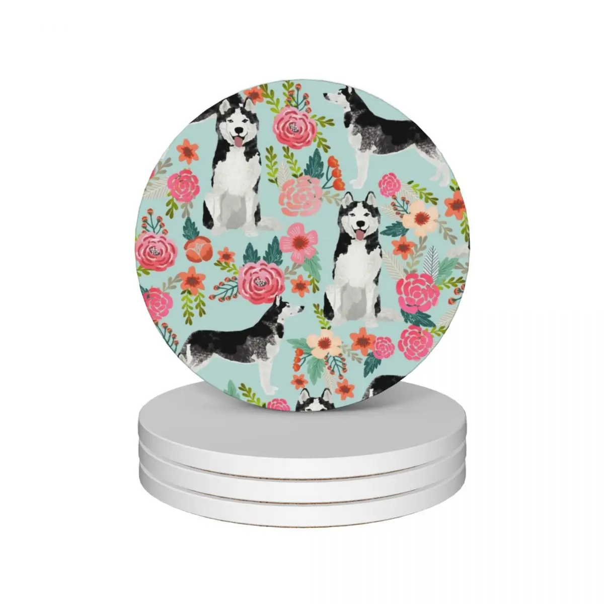 

Husky Florals - dogs and vintage florals pattern Ceramic Coasters (Set of 4) tea cup holder for cups set anti slip Coasters