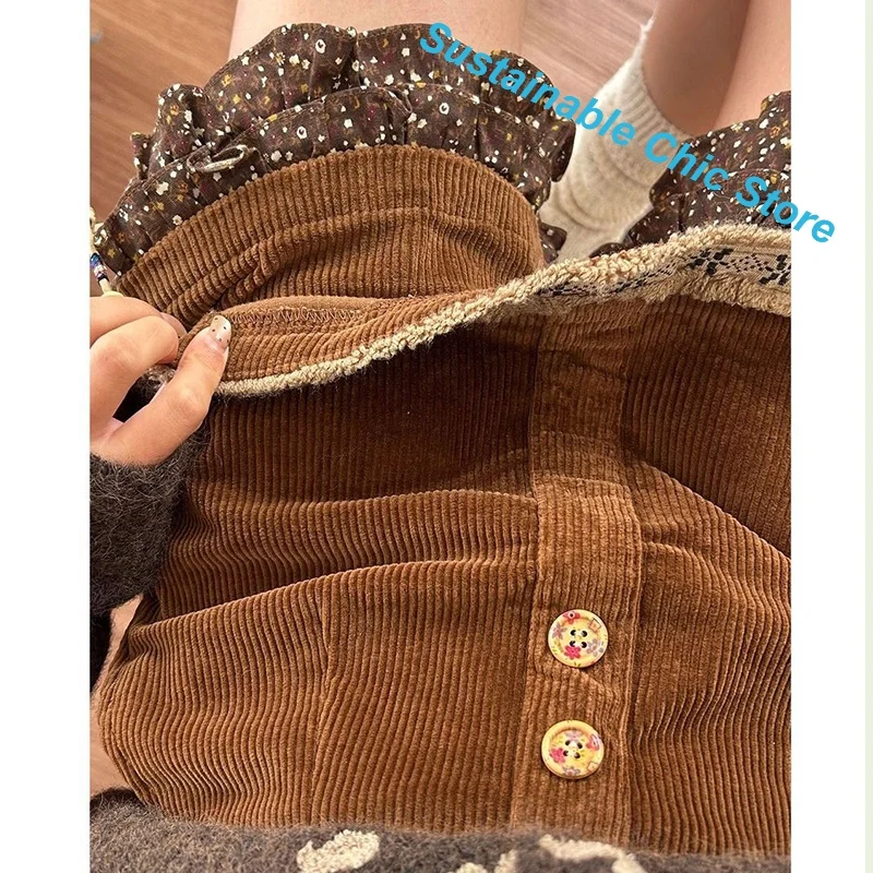 French Retro Stitching Corduroy Skirt Women's Autumn and Winter New Cute Fashion A-line Skirt Brown Crotch Casual Skirt Pants.