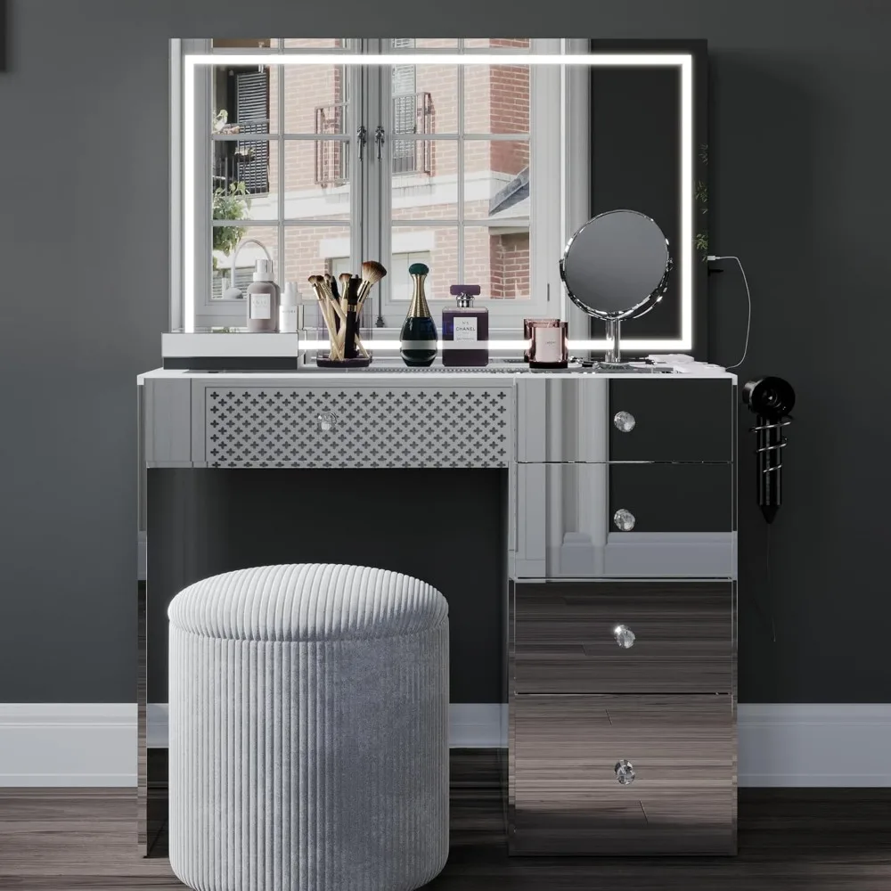 

emilia led vanity desk with adjustable lighting, bluetooth speakers, usb ports, power outlet, and crystal details
