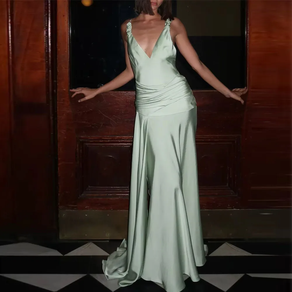 

Customized Trumpet V-Neck Backless Prom Dress Sleeveless Formal Evening Party Gowns Floor-length Pleat Vestidos De Fiesta