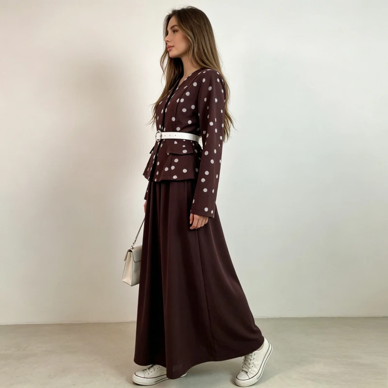 

Skirt Suit Women Coat Long Skirts 2 Piece Sets Polka Dot Print Jacket Outfits V Neck Outerwear Belt A Line Ensemble Office Lady