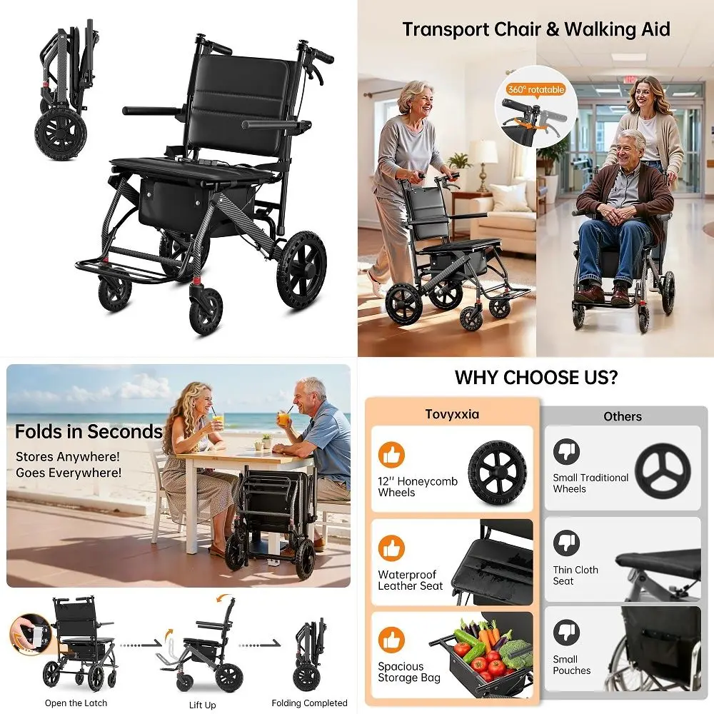 

Wheelchair for Adults amp Seniors, Foldable Transport Chair with 12 Big Tire Portable Travel Wheelchair with CarbonFiber Patter