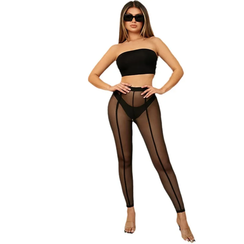 Summer Thin Sheer Mesh Women Sexy Leggings Gothic Vertical Black Line  Stretch Breathable Nylon Gauze Cropped Pants Leggins Mujer - AliExpress  200000345
