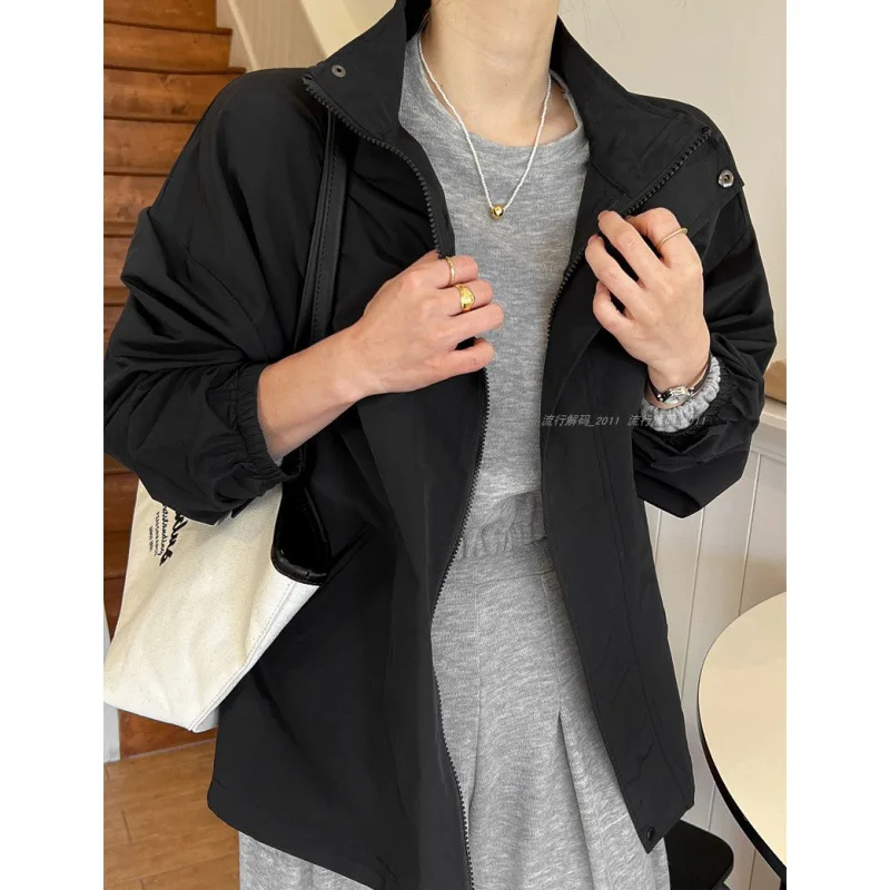 

Black Trench Coat Woman Windbreaker For Girls Protective Girl Portable Rainwear Colorblock Literary Outcoat All Seasons Gray