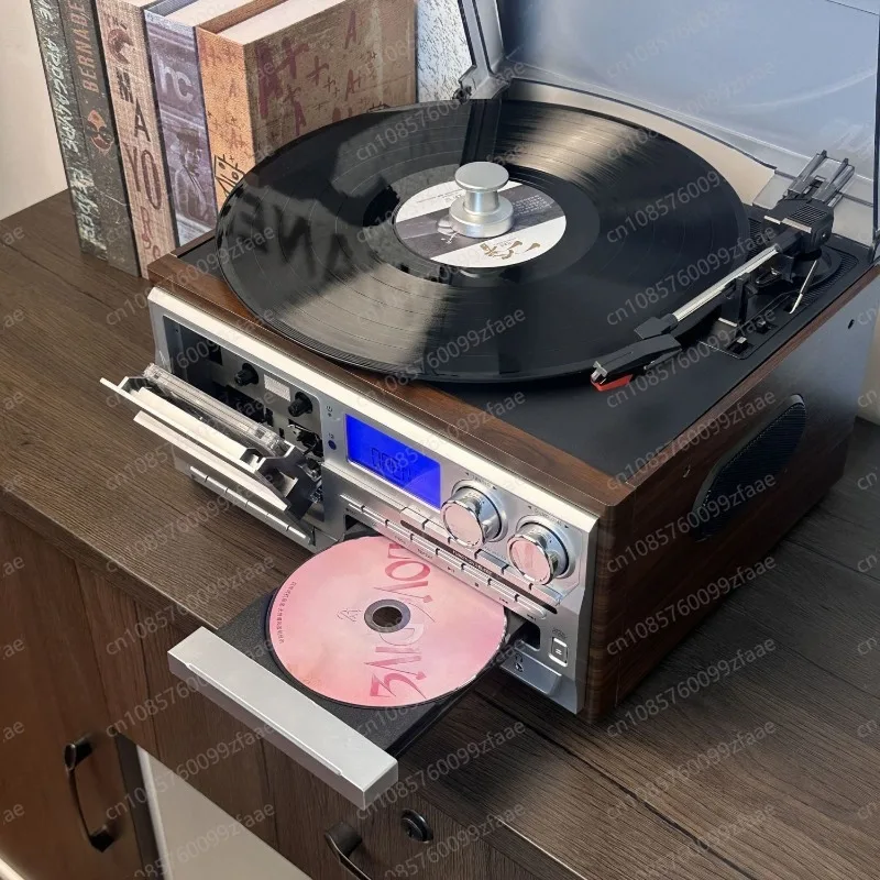 Vintage Wooden Turntable Player Multi Function Vinyl Record CD Cassette FM Radio Bluetooth Audio System