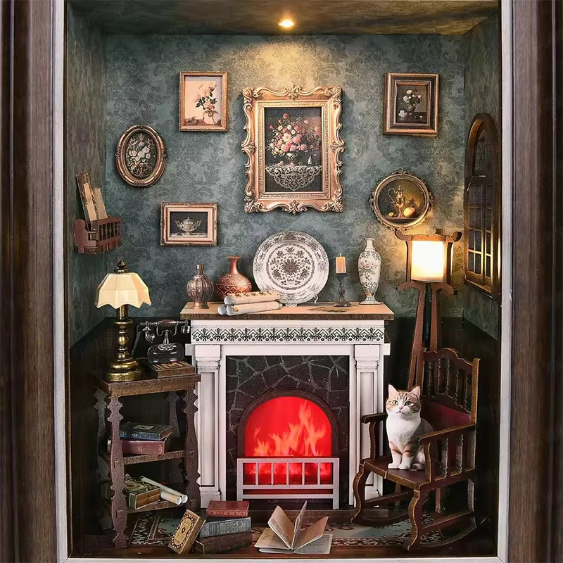 Livro nook kit diy 3d quebra-cabeça de madeira moldura de foto ornamento estante casa de bonecas modelo estante construção decoração para casa natal gif