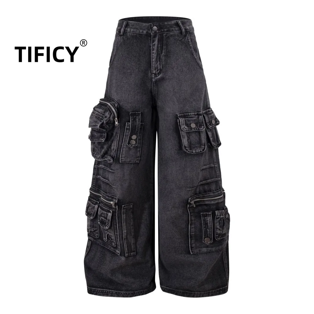 

High Street Jean Pants Women's New Functional Style Multi Pocket Workwear Loose and Wide Legs Casual Loose Denim Pants